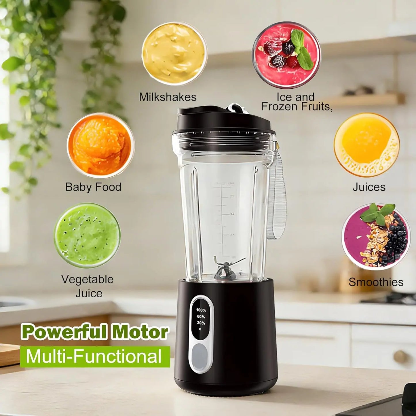Portable Blender, Cordless, 20Oz Bpa-Free Juice Cup with Leak-Proof Travel Lid. Personal Blender For-Shakes and Smoothies, BPA Free, Leakproof-Lid and Sip Spout, USB-C Rechargeable, Dishwasher Safe