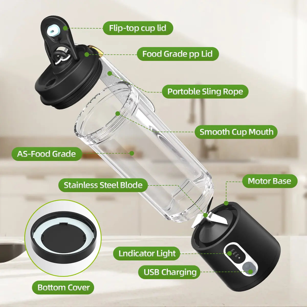 Portable Blender, Cordless, 20Oz Bpa-Free Juice Cup with Leak-Proof Travel Lid. Personal Blender For-Shakes and Smoothies, BPA Free, Leakproof-Lid and Sip Spout, USB-C Rechargeable, Dishwasher Safe